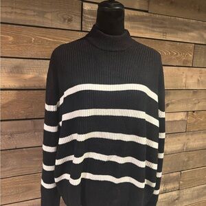 Black and White Striped Mock Turtleneck Sweater